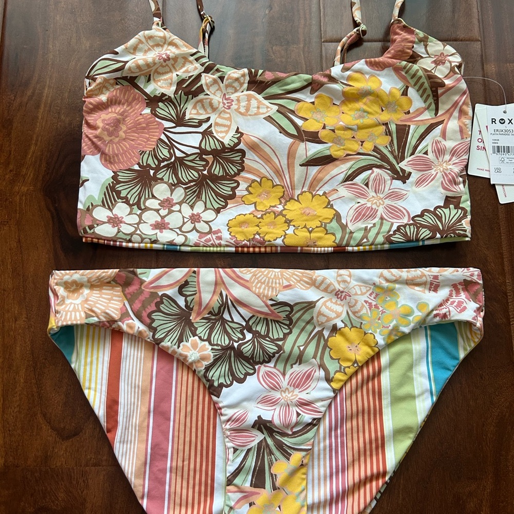 Floral and Striped Bikini Set